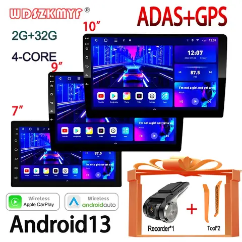 차량용 멀티미디어 플레이어 ADAS 녹음기 자동차 액세서리, GPS 무선 애플 카플레이, 안드로이드 13, 2G + 32G, 7 인치, 9/10 인치