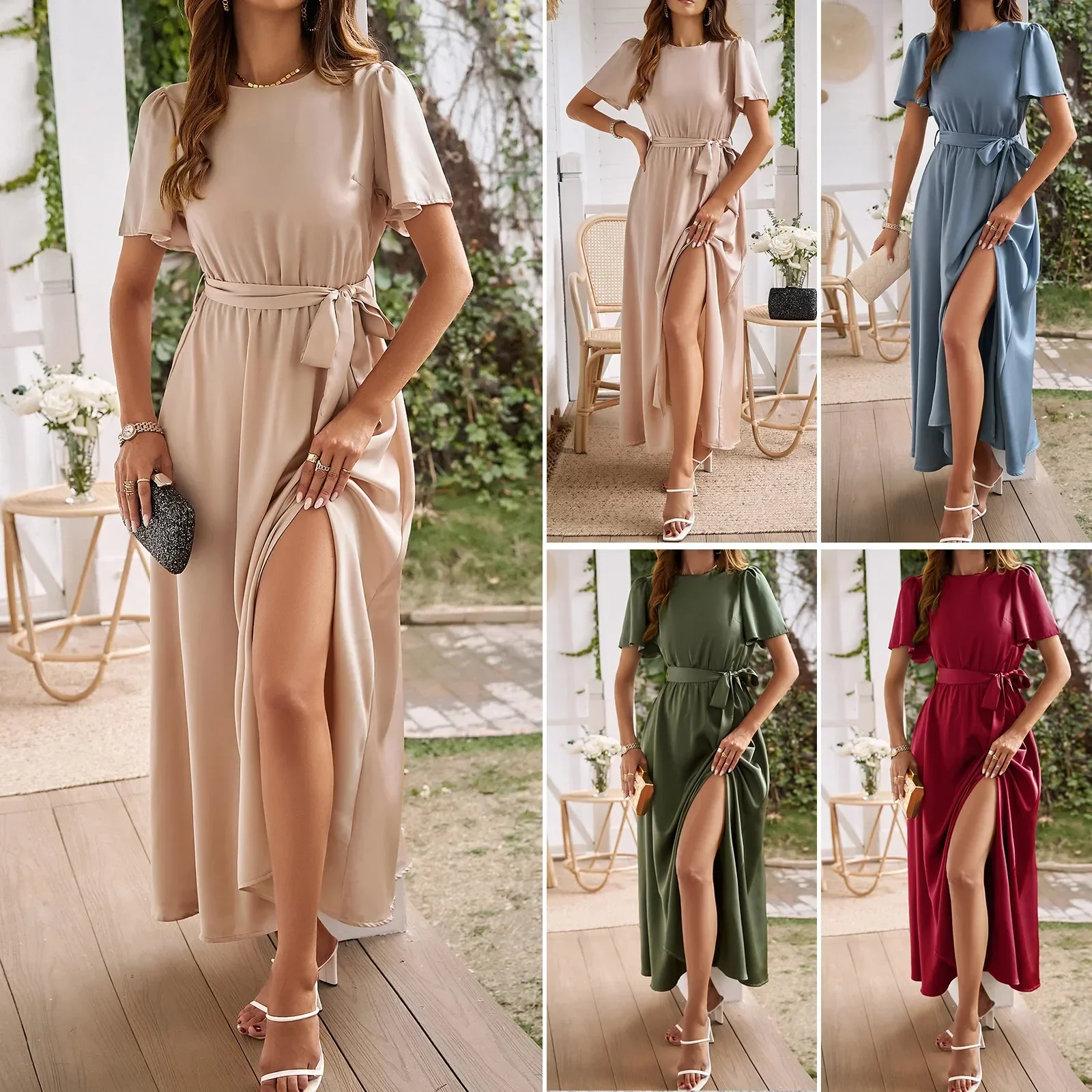 

LIBIELIY Women's Dress Spring Summer New Solid Round Neck Lace-up Slit Lotus Leaf Sleeve Elegant Plain Mid-length A-line Women's