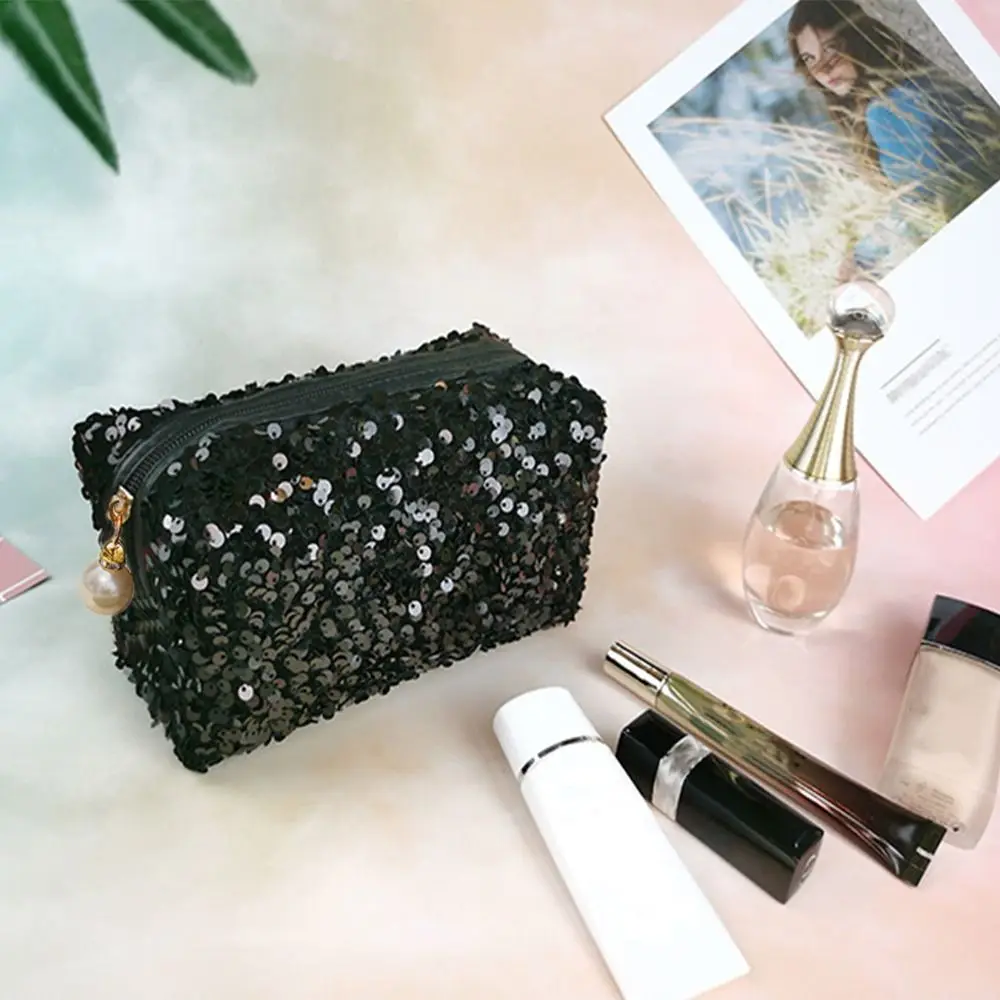 

Sequin Glitter Makeup Bag Black 19*9*7cm(7.48*3.54*2.76in) Black Sequin Bag Velour Glitter Bag Travel