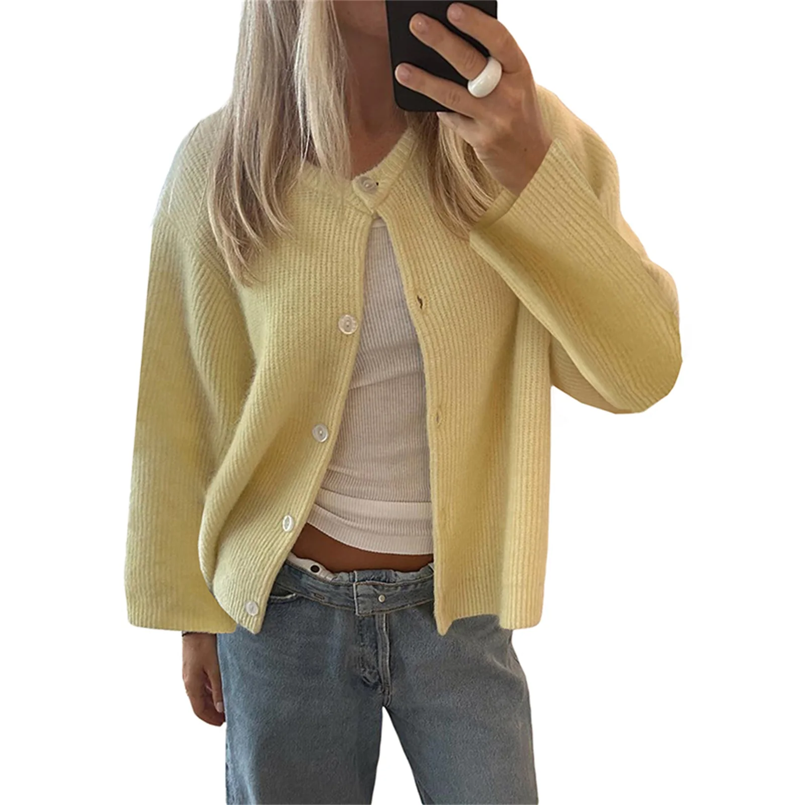 Women y2k Knitted Crop Cardigan 2000s Sweater Long Sleeve Button Down Open Front Loose Casual Knitwear Coats Tops Streetwear