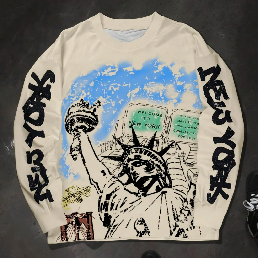 Herren Sommer T-Shirt Vintage Graffiti-Druck Rundhals Langarm Locker Sitzendes Streetwear-Shirt Retro-Kunst Lässiges Hip-Hop Mode-Oberteil – Detail 4