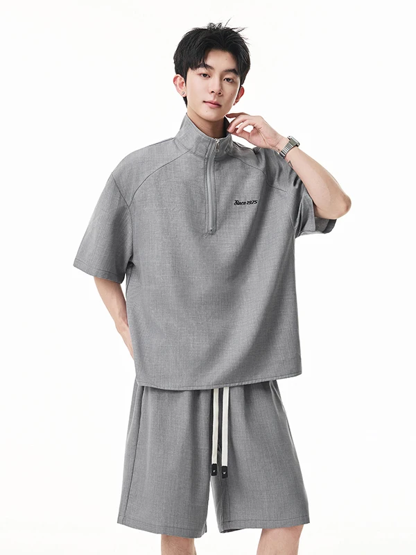 Conjunto Masculino Estilo Americano com Gola Henley, Verão, Esportivo Casual, Manga Curta e Shorts, Duas Peças, Solto, Modern...