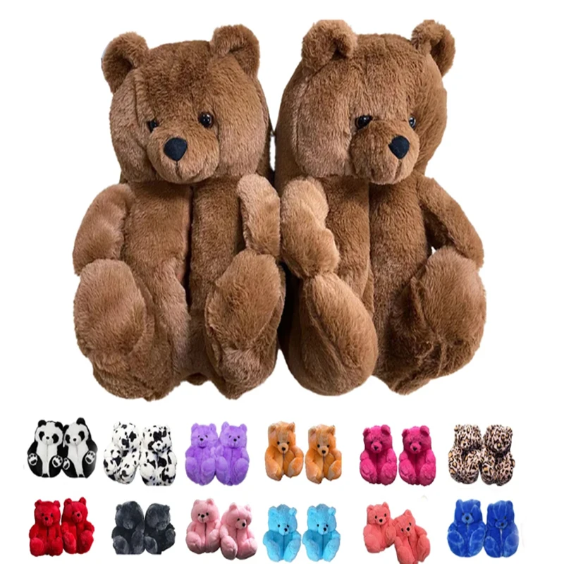 Cartoon Warm Teddy Bear Slippers Cute Multi Color Teddy Bear Cotton Shoes Unisex Indoor All Inclusive Heels Home Shoes