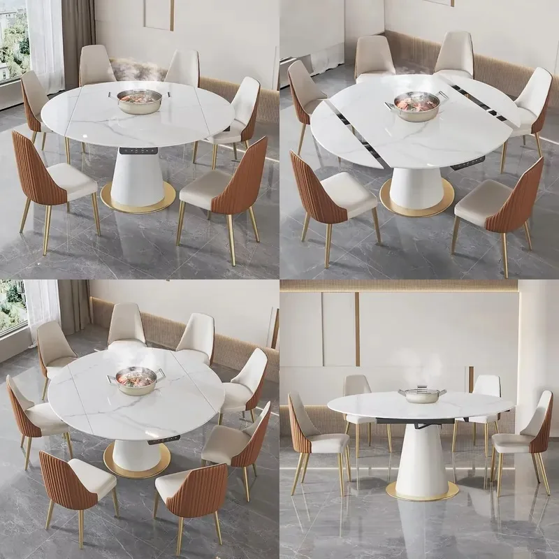 Sintering stone retractable dining table round square convertible rotating hot pot table built-in induction cooker household