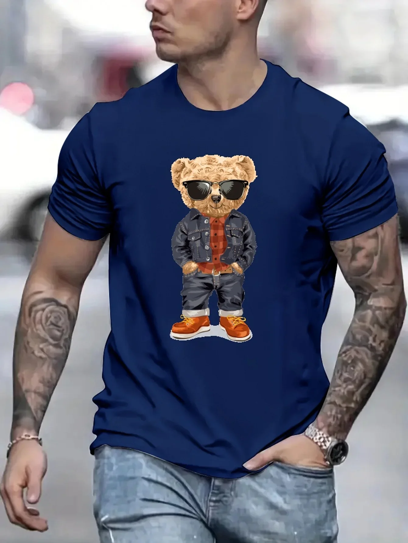 Cool Teddy Bear Men\'s Trendy T-shirt For Summer Outdoor, Casual Mid Stretch Crew Neck Tee Short Sleeve Graphic Stylish Top