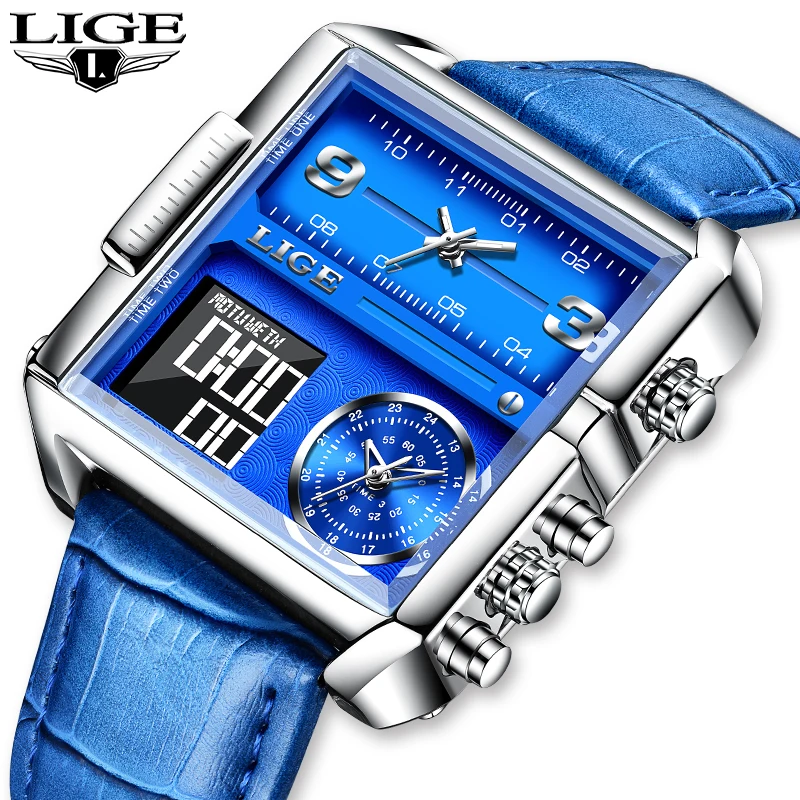LIGE Mens Watches Fashion Square Blue Leather Strap Calendar Quartz Watches Men LED Digital Dual Display Chronograph Man Watch