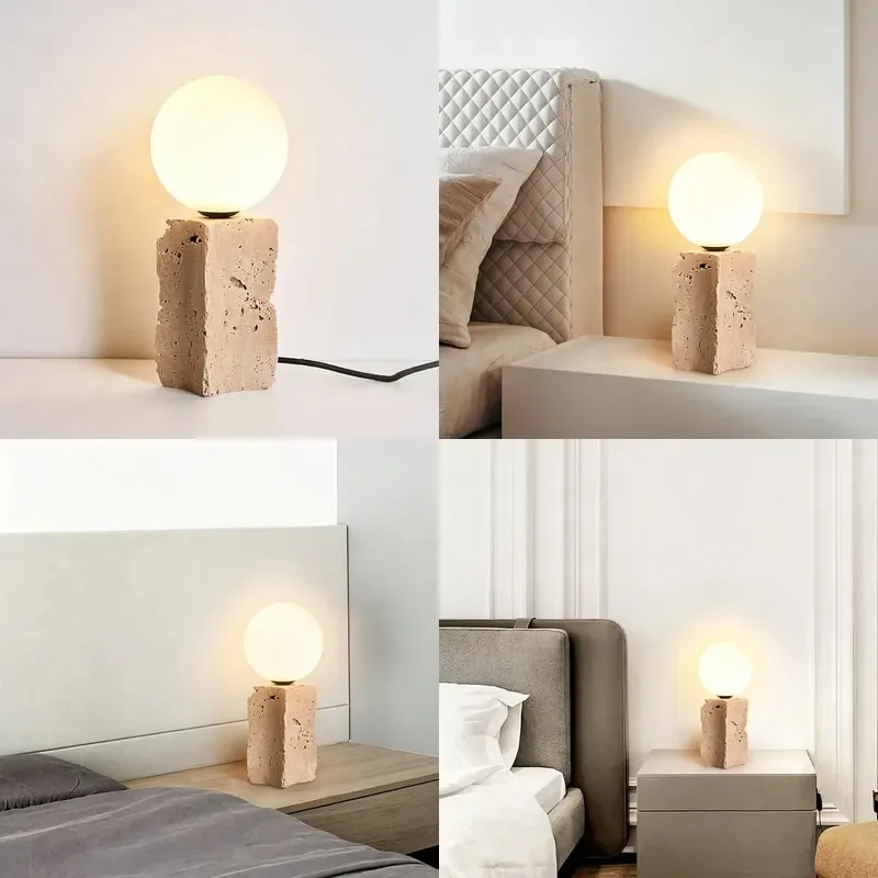 Yellow limestone table lamp designed by medieval designers, wabi-sabi Japanese retro bedside lamp, homestay atmosphere