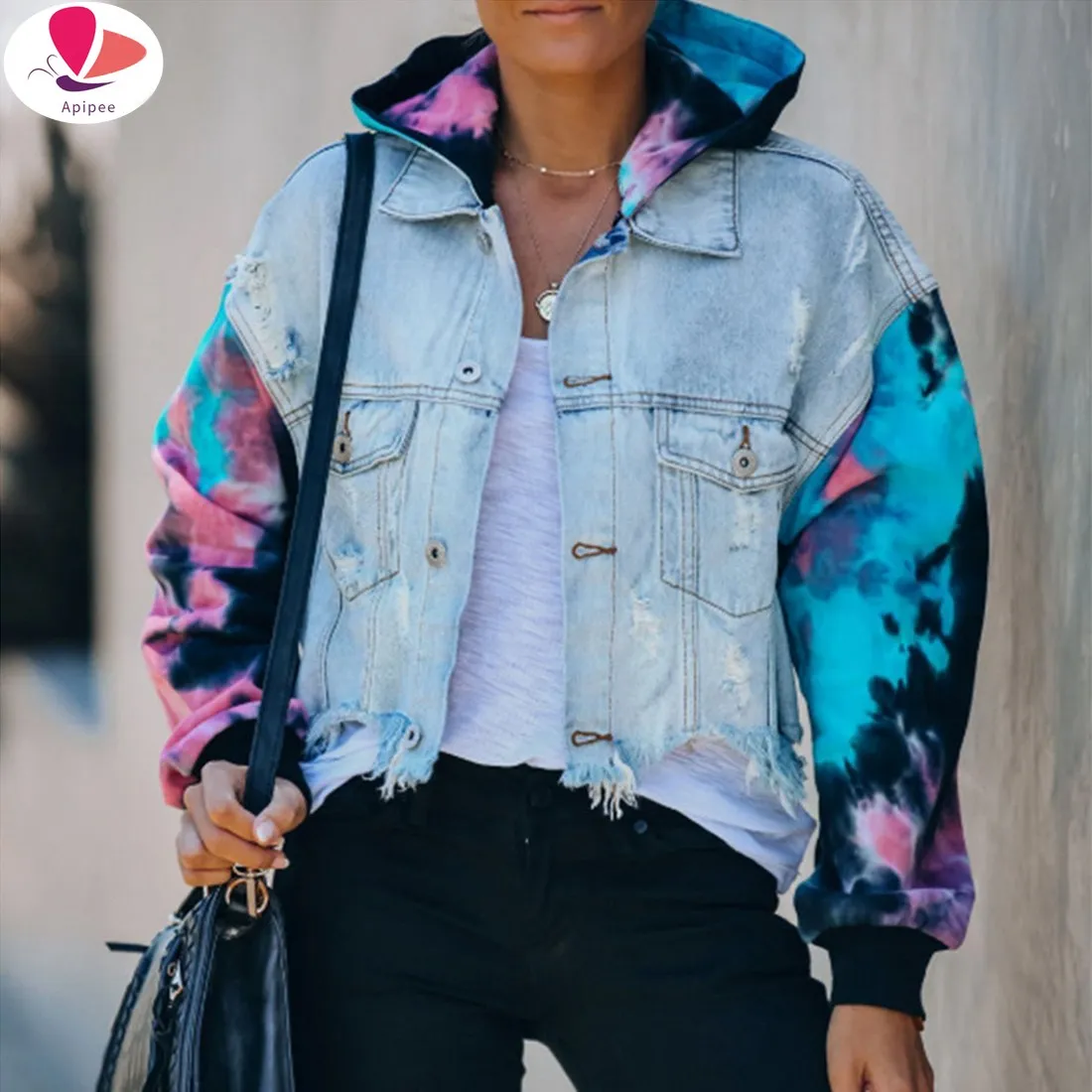 

APIPEE Jean Jacket for Women Loose Casual Blue Women Hoodies Coats Tie Dye Sleeve Patchwork Hoodied Denim Coats Female Outwear