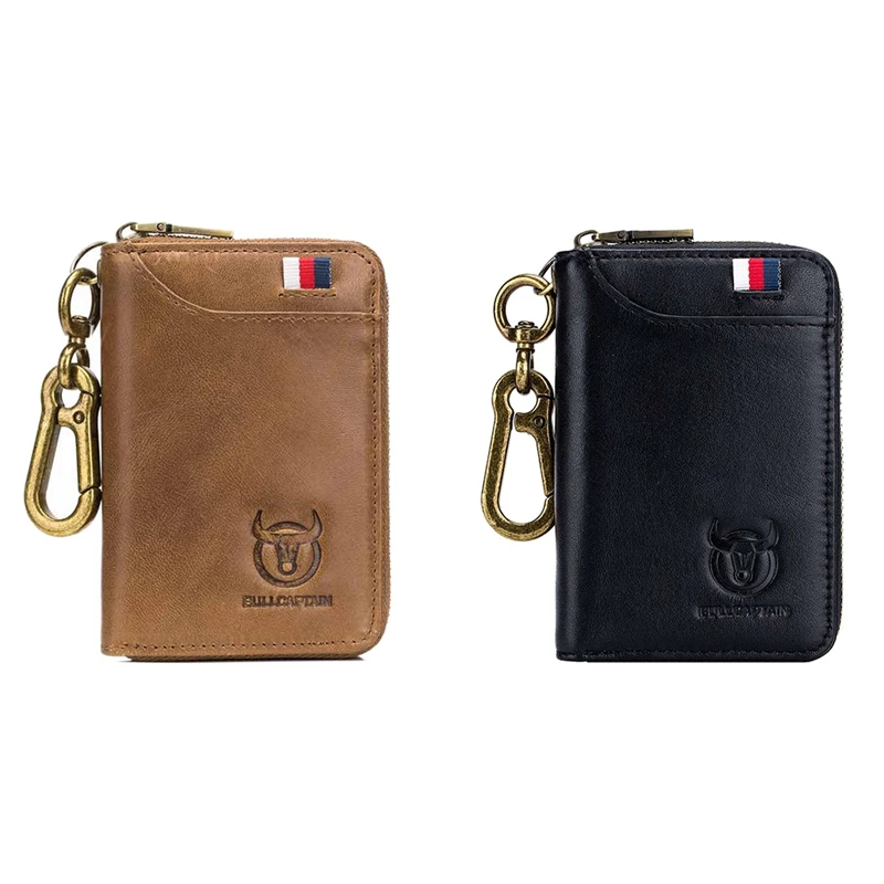 

NEW-Bullcaptain Leather Men & Women Key Wallet Blocking Business Key Case Card Holder Coin Purse Key Case, Brown & Black