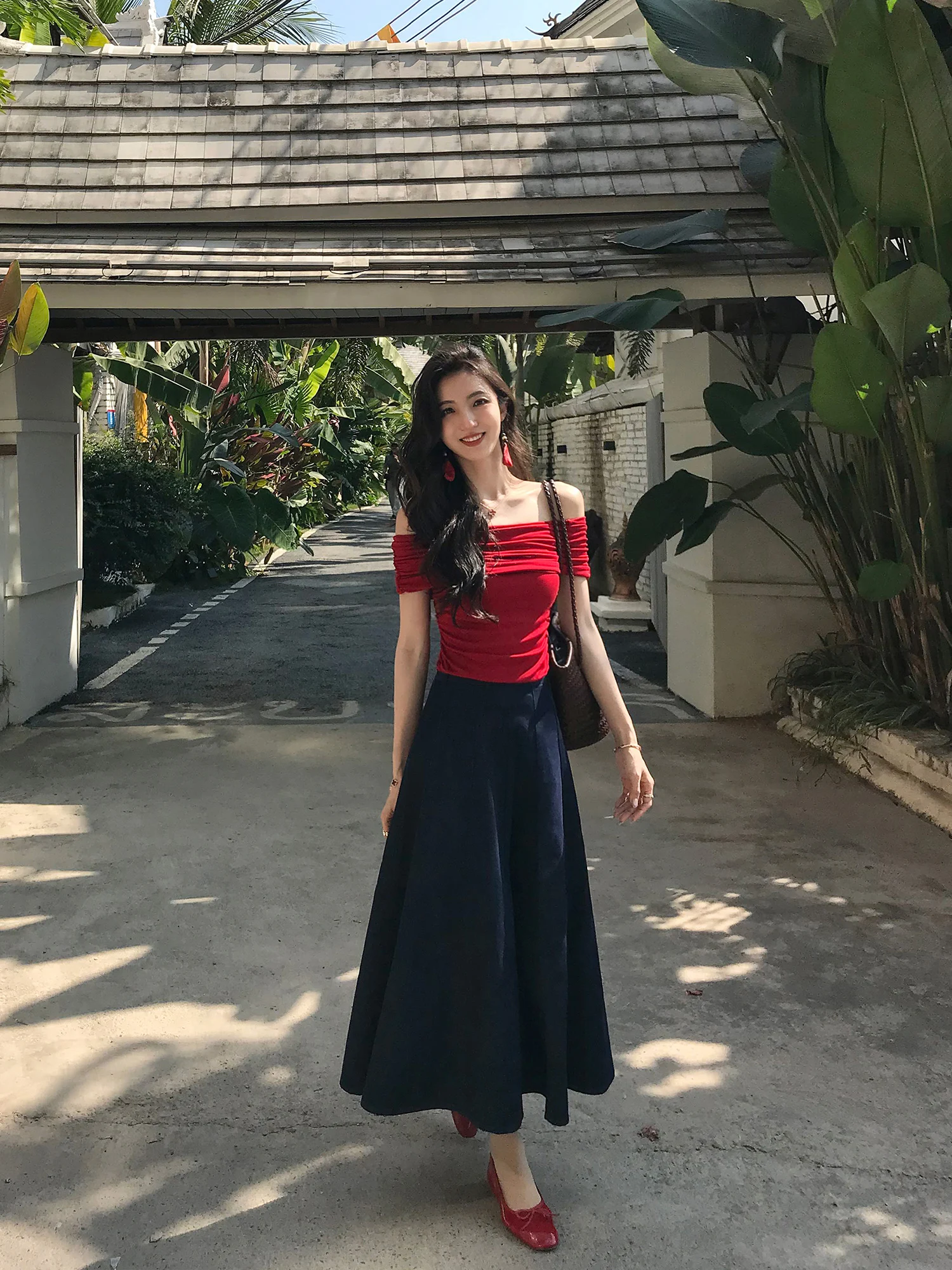 

Mulvan Vintage Blue A-Line Denim Midi Skirt Women's Loose Casual Wide Hem Umbrella Skirt Cotton Polyester Lenzing Lyocell
