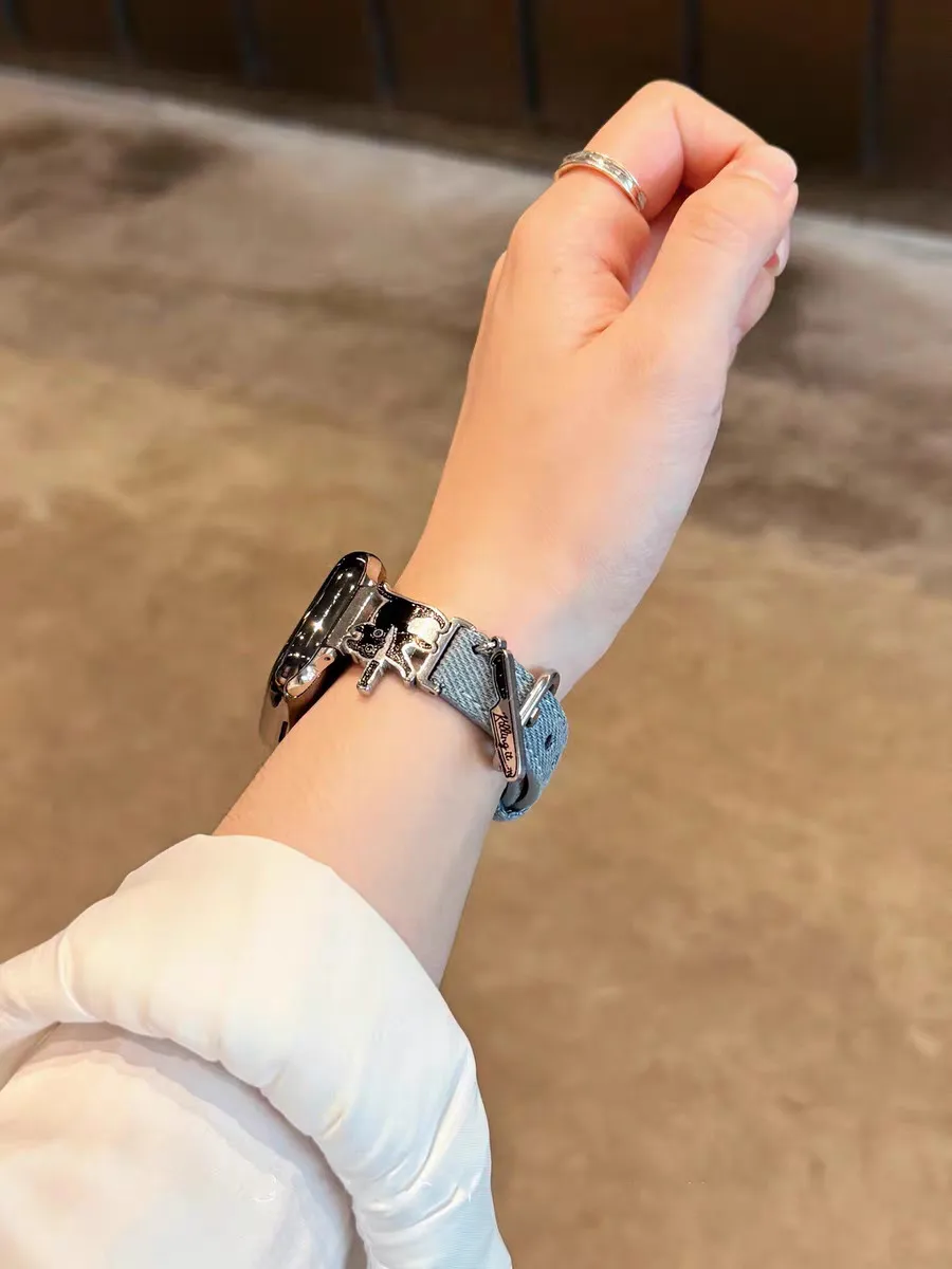 حزام جلدي نحيف من قماش الدنيم لساعة أبل 38/42 40/44 41/45 مللي متر 49Ultra Cat مع سوار سكين لساعة IWatch S10 42/46 مللي متر 9876SE