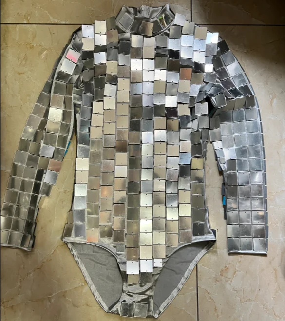 Nightclub Mirror Costume DJ Dance Wear Sliver Women Tops Turtleneck Jumpsuit