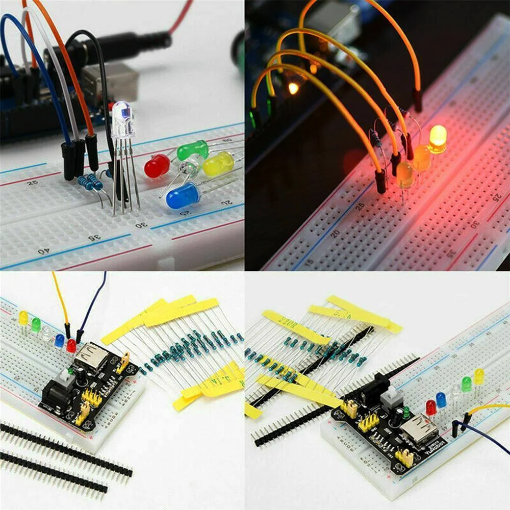 아두이노 UNO R3 용 DIY 프로젝트 스타터 키트, 전자 DIY 키트, 타이 포인트 브레드보드 포함 전자 부품 세트, 박스 당 830 개