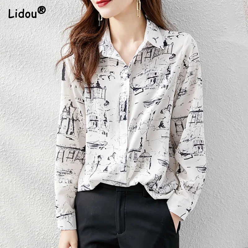 

Office Lady Single Breasted Polo-Neck Printing Women's Clothing Chiffon Thin Synthetic Fiber Spring Autumn Women Shirt Korean