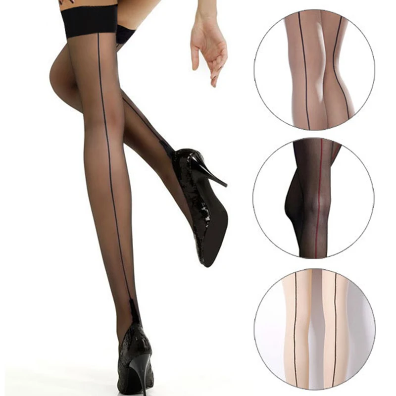 Medias sexys ajustadas para mujer, medias altas a rayas, elásticas, transparentes, de nailon, seda, negro, rojo y blanco
