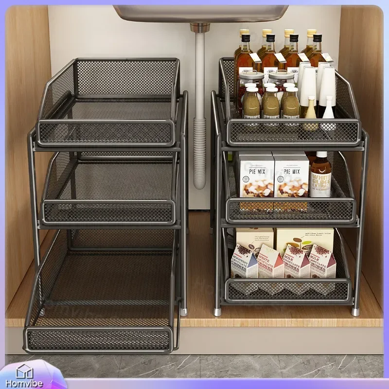 for Kitchen Under Sink Shelf Multi Layer Pull Up Basket Dish Seasoning Cabinet Drawer Storage Rack Household Organizer