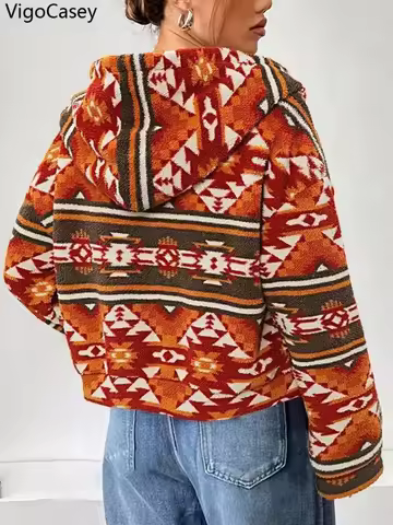 VigoCasey 2025 Women Autumn Print Jacket White Long Sleeve Thick Plush Warm Short Coat Loose Winter Soft Lady Hooded zipper Coat