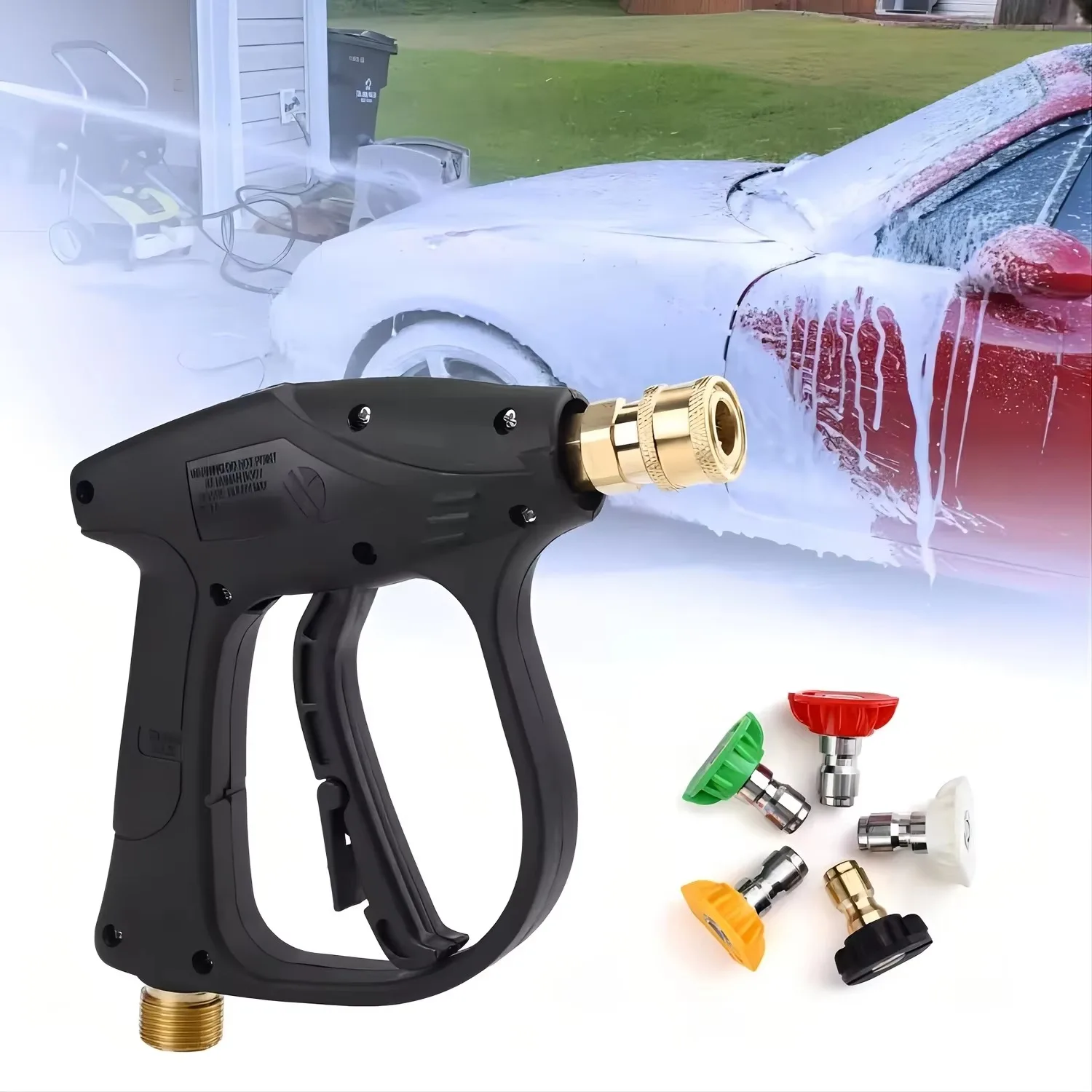 Short Pressure Washer Gun with 5 Nozzles, M22‑14 Thread, Battery‑Free High‑Power Tool for Car, Roof & Window Cleaning