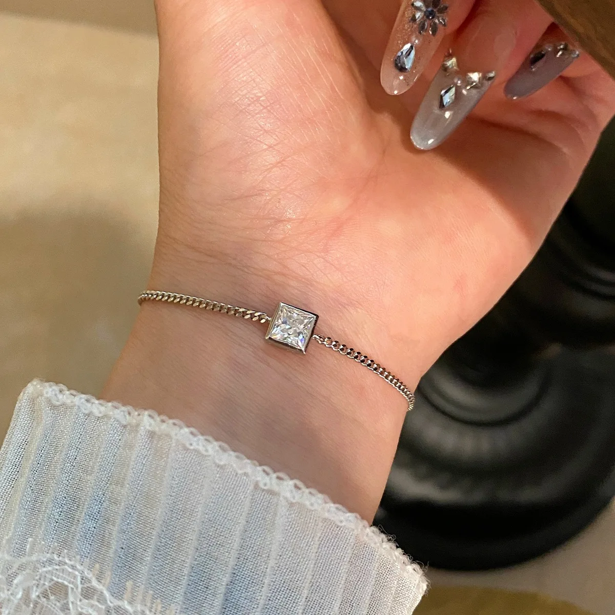 EWYA 1CT Princess Cut Certified Moissanite Link Bracelet for Women S925 Silver Pass Diamond Test Cuban Chain Fine Jewelry Gift