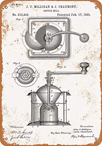Wall-Color  Metal Sign - 1885 Coffee Grinder Patent - Vintage Look