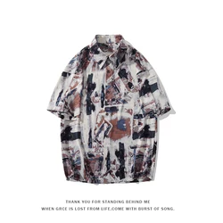 Oil Painting Shirt Harajuku Short Sleeve Mens Beach Summer Hawaiian Shirts Button Down Blouses