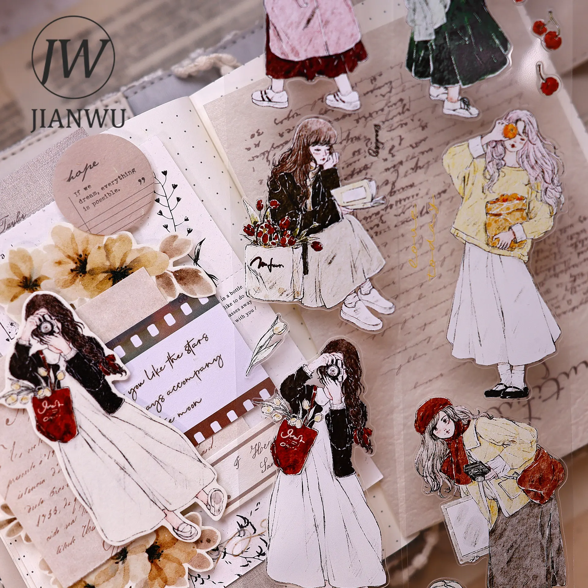 

JIANWU 50mm*5m Vintage Girl Character Landscape Material Collage Scrapbooking PET Tape Creative DIY Journal Stationery