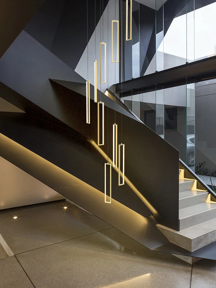 

Stair chandelier modern simple villa duplex building hollow loft spiral stairwell minimalist square frame new lamps