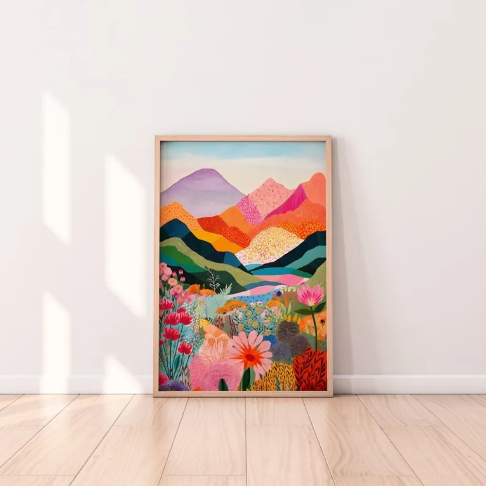 Abstract Mountain Art,Colorful Wall Art,Patchwork Illustrations,Landscape Flowers,Living Room Printing Frameless Canvas Paint
