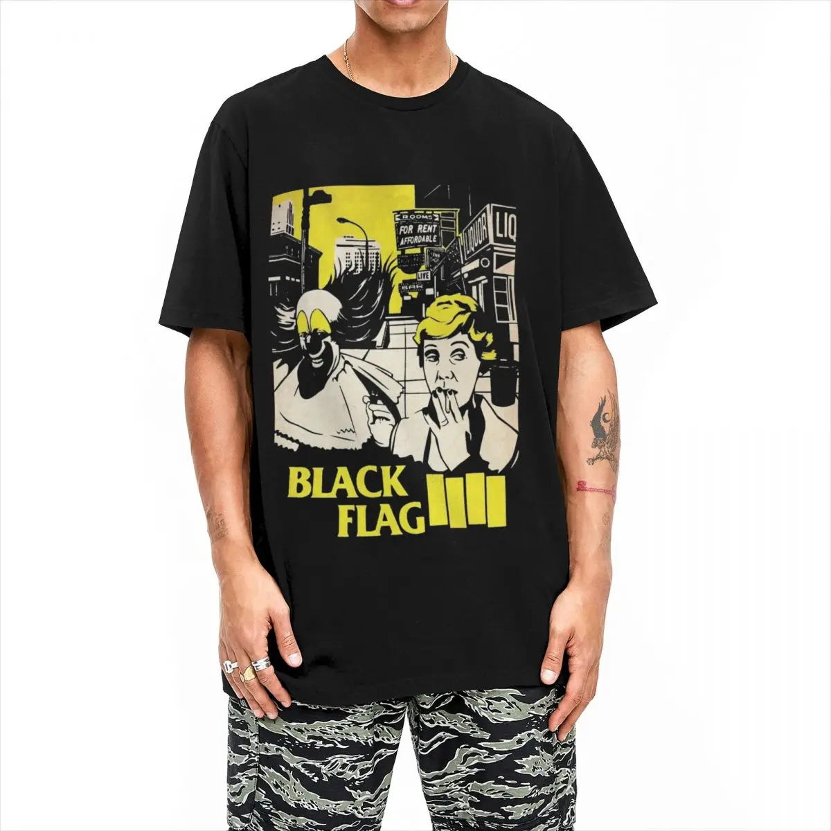 Black Flag Tshirts Men Cotton Tops Harajuku America Rock Band Crewneck Short Sleeve