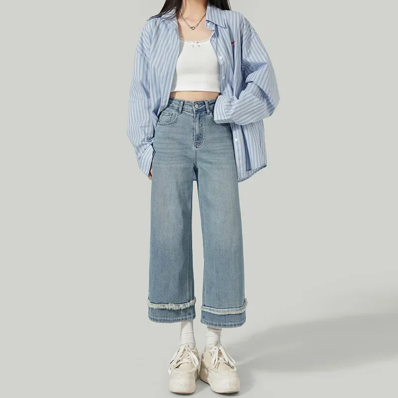 

2025 Washed Loose Wide-leg Seven-inch Jeans. Ladies Spring Summer New Fashion Design Sense Casual High Waist Straight Leg Jeans