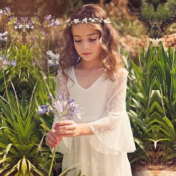 2-14 Years Princess Girls Lace Chiffon Long Dresses Wedding Dress Summer Boho Birthday Party Wedding Dress Kids Flower Girl