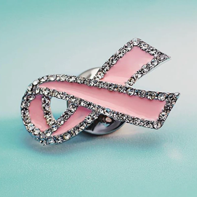 Fashion Pink Rhinestone Ribbon Brooch Bowtie Symbol Pin Icon Love HIV and AIDS Badge Sweater Backpack Lady Brooches Jewelry