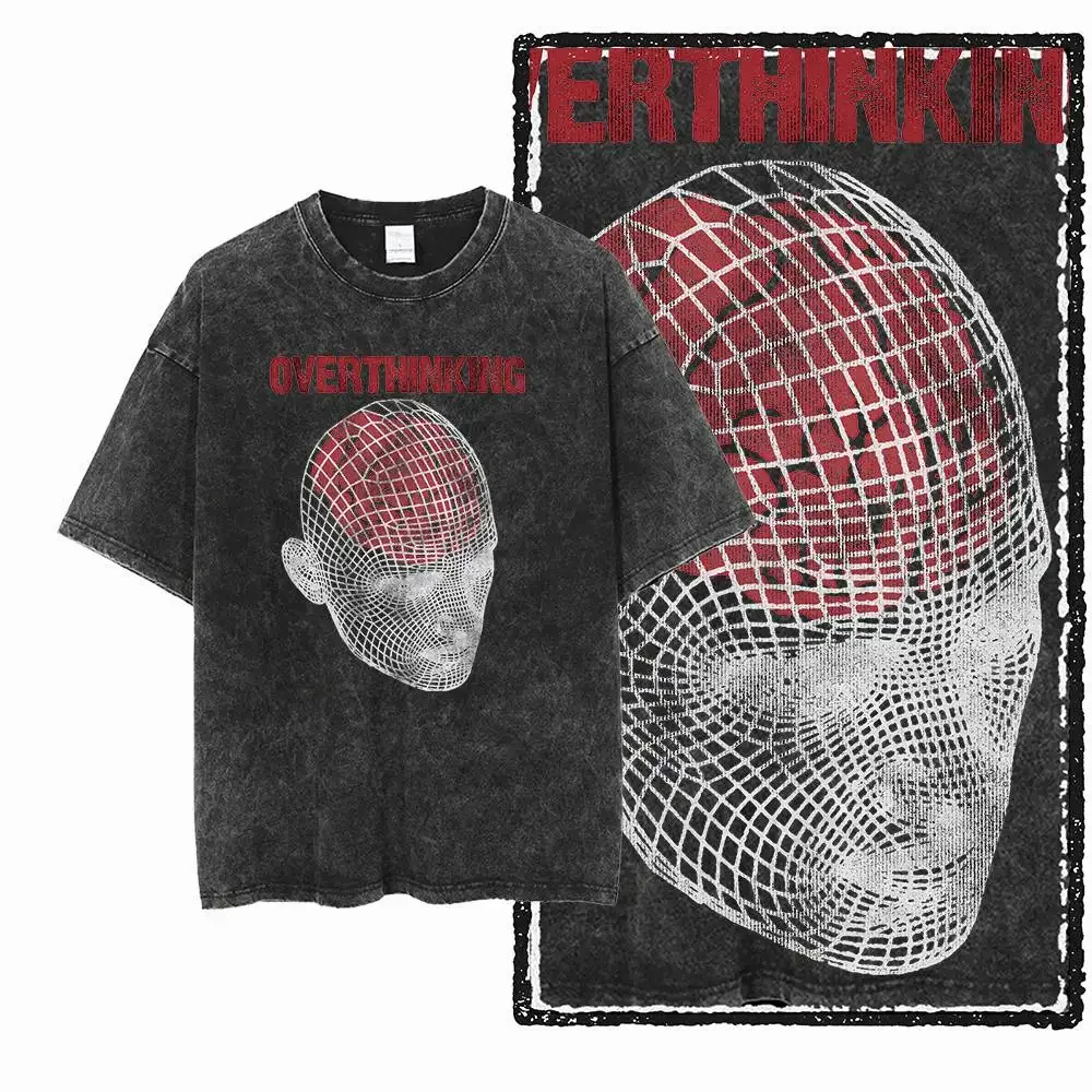Vintage Overthinking Wireframe Head Graphic T‑Shirt Men Women Casual Short Sleeve Tee Cyber Grunge Washed Streetwear Unisex Tops