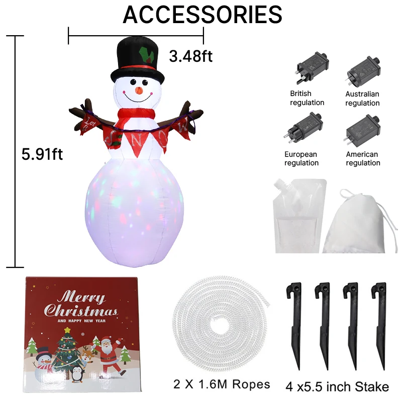 5.9FT opblaasbare sneeuwpop met bannerverlichting LED Home Decor Speelgoed Tuin Kerstornamenten Decorbenodigdheden Outdoor Vakantie Opblaaslicht