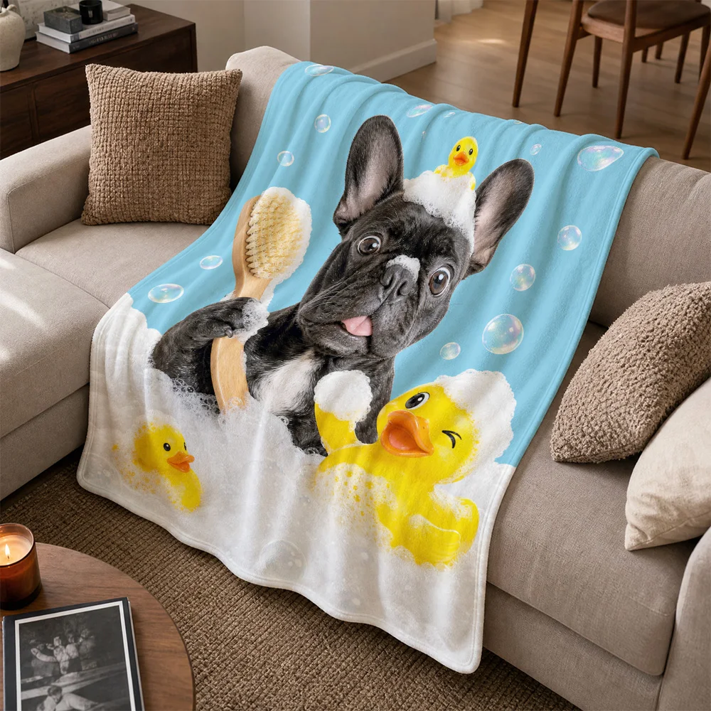Ultra Soft French Bulldog and Yellow Duck Print Throw Blanket Cozy Plush Sofa Cover Decorative Couch Throws for Pet Lover Gift H