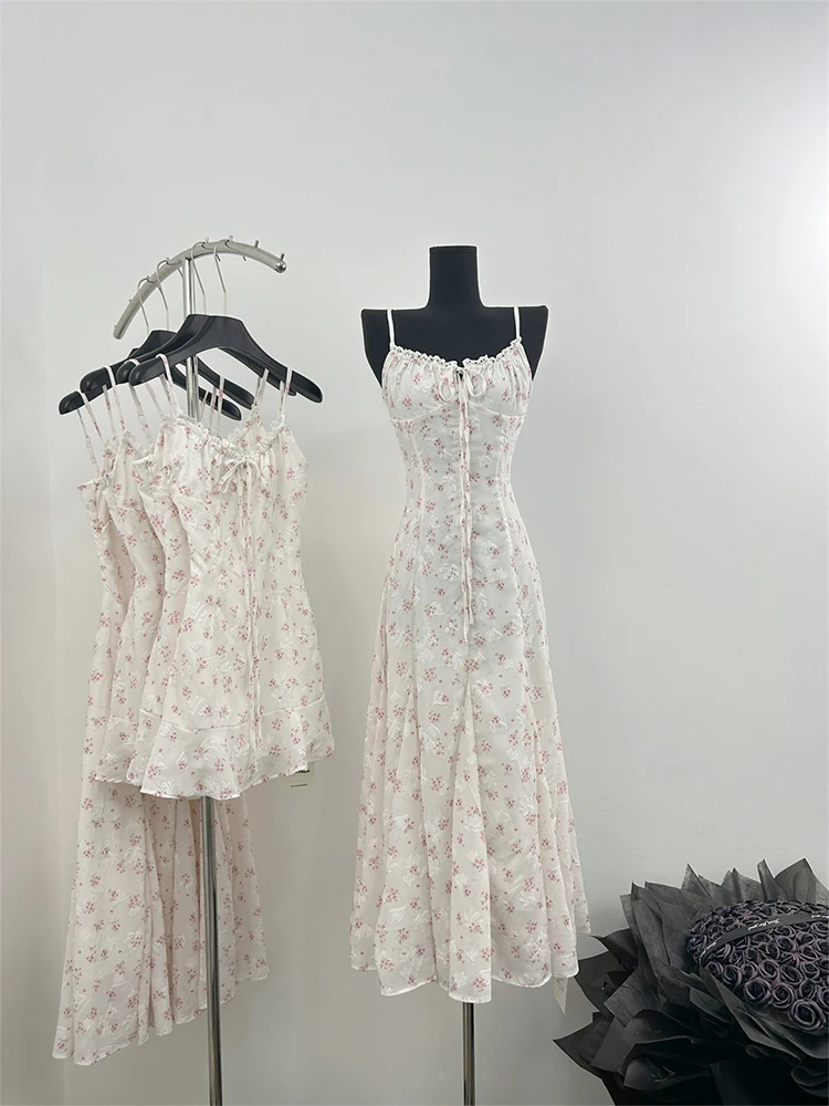 Minivestido francés Vintage con tirantes finos para mujer, maxivestido Floral de una pieza para fiesta de graduación y noche, 2000