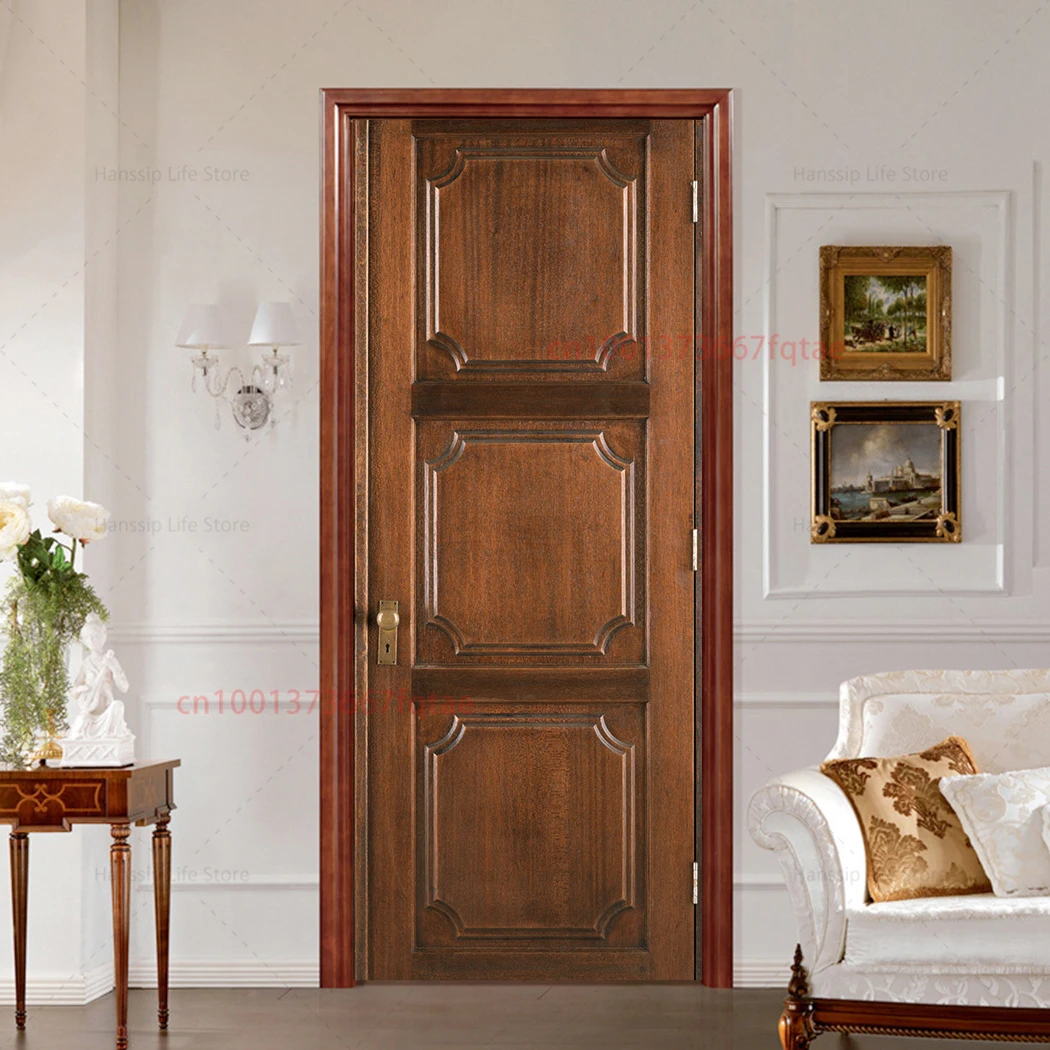 3D Realistic Wood Design Door Stickers, New Design Removable Retro Brown Wood Grain Printed Home Door Decoration Wallpaper
