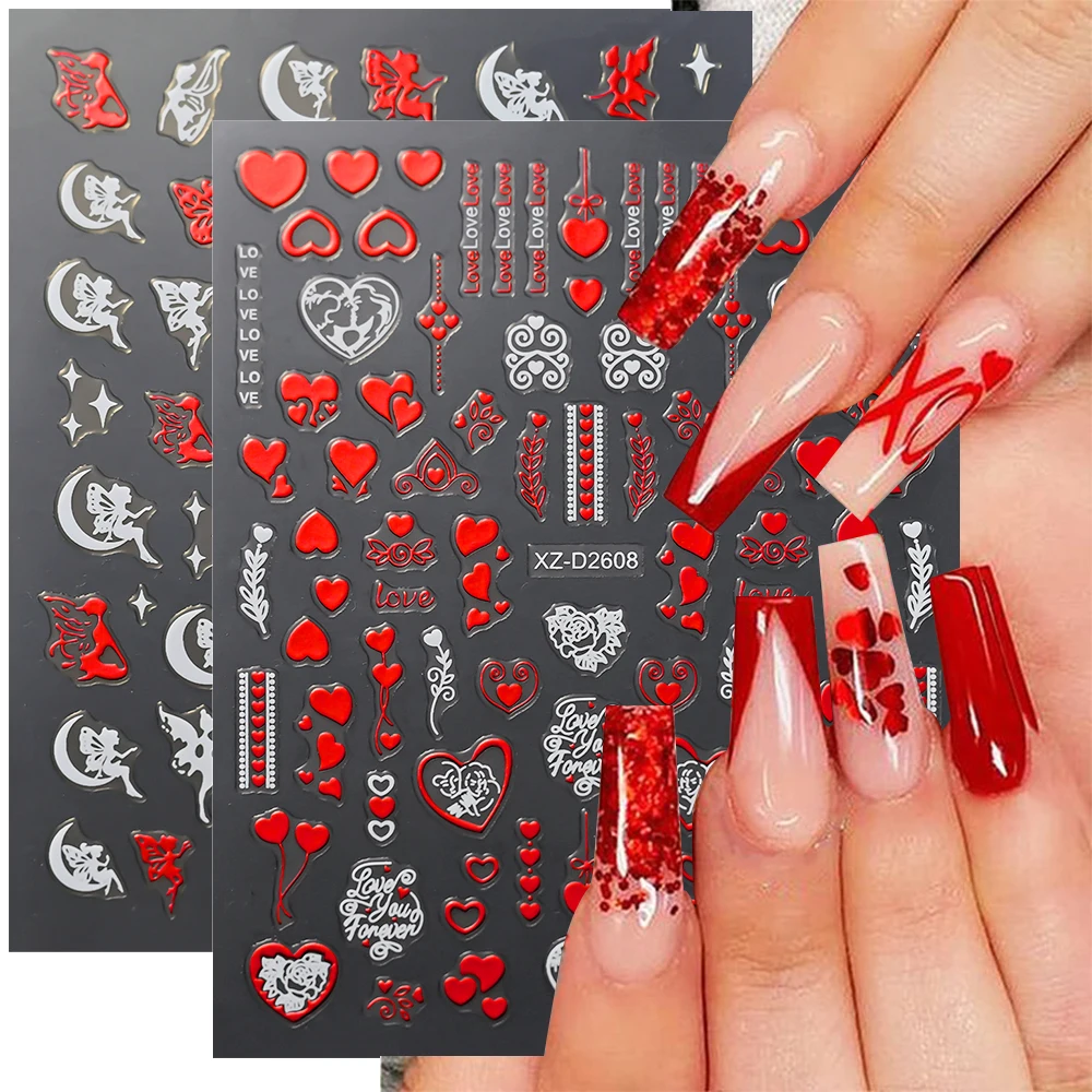 1pc 3D  Heart Aurora Red Valentine Nail Stickers Rose Flower Red Lips Sliders Lover Letter Nail Foil Decals Girls Manicure Decor