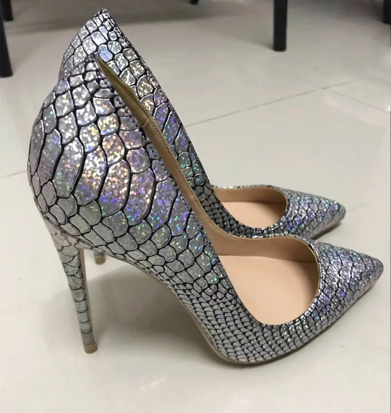 

2025 Spring New Silver Snake Pattern Women's High Heels Pointed Stilettos Shallow Sexy Party Dress Women Plus Size Single Shoes