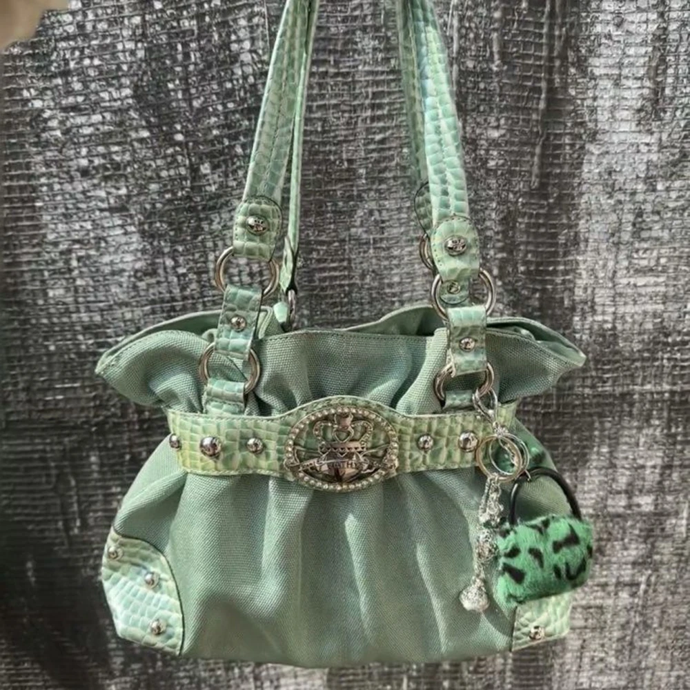 Retro Y2k Rivet Underarm Bag Women Belt Buckle Shoulder Handbag Large Capacity Casual Commuter Tote Canvas Storage Bag