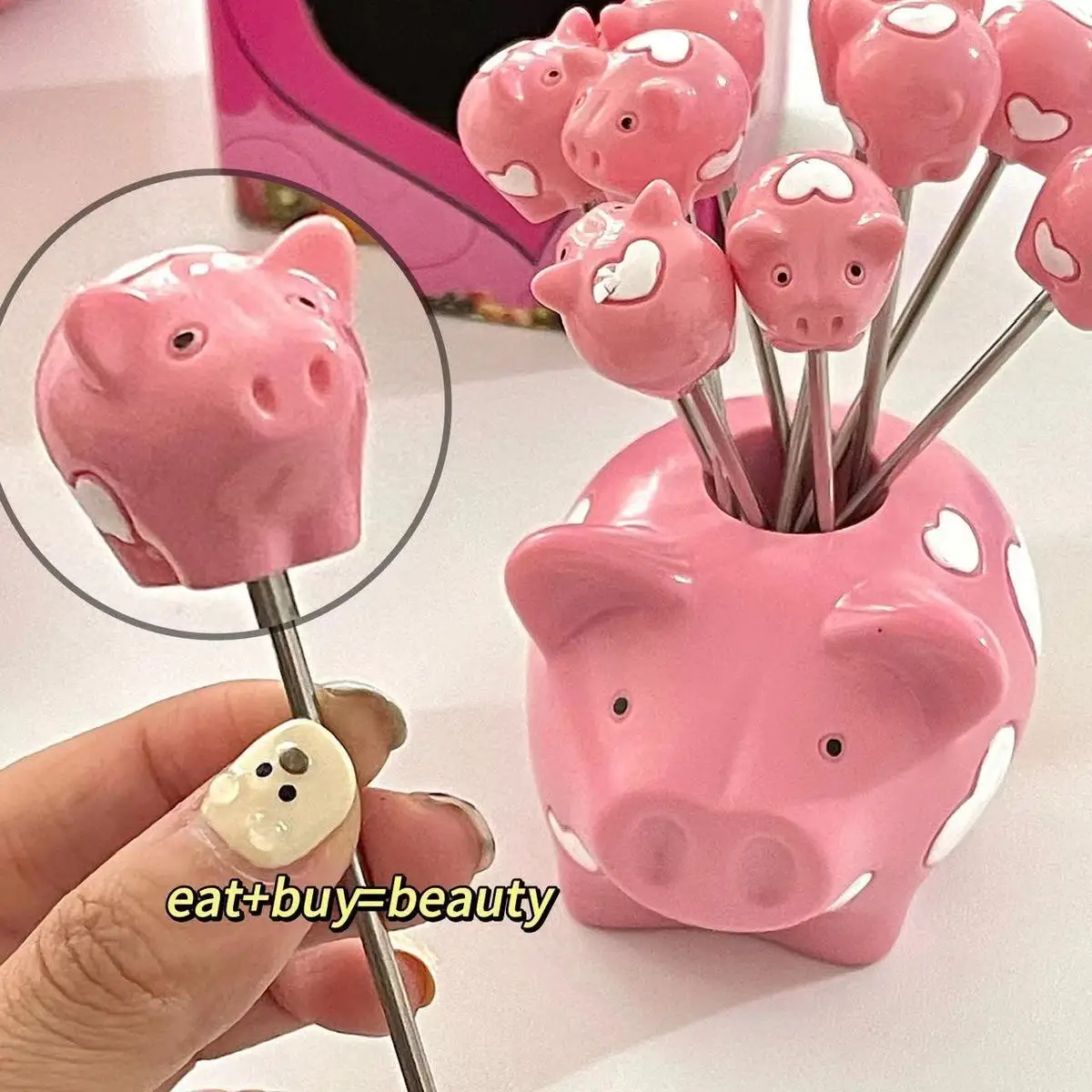 Kawaii Ins Fruit Forks with Base Cute Pink Pig Heart Food Picks for Kids Cafe Cake Forks Gift Home Decoration Bento Accessories