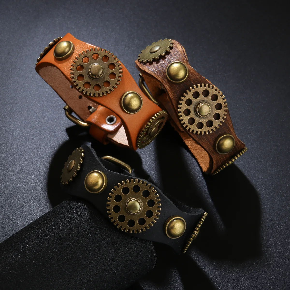 Steampunk Gear Leather Wide Cuff Bracelet Vintage Rivet Wristband Retro Adjustable Bangle Punk Gothic Unisex Jewelry Accessory