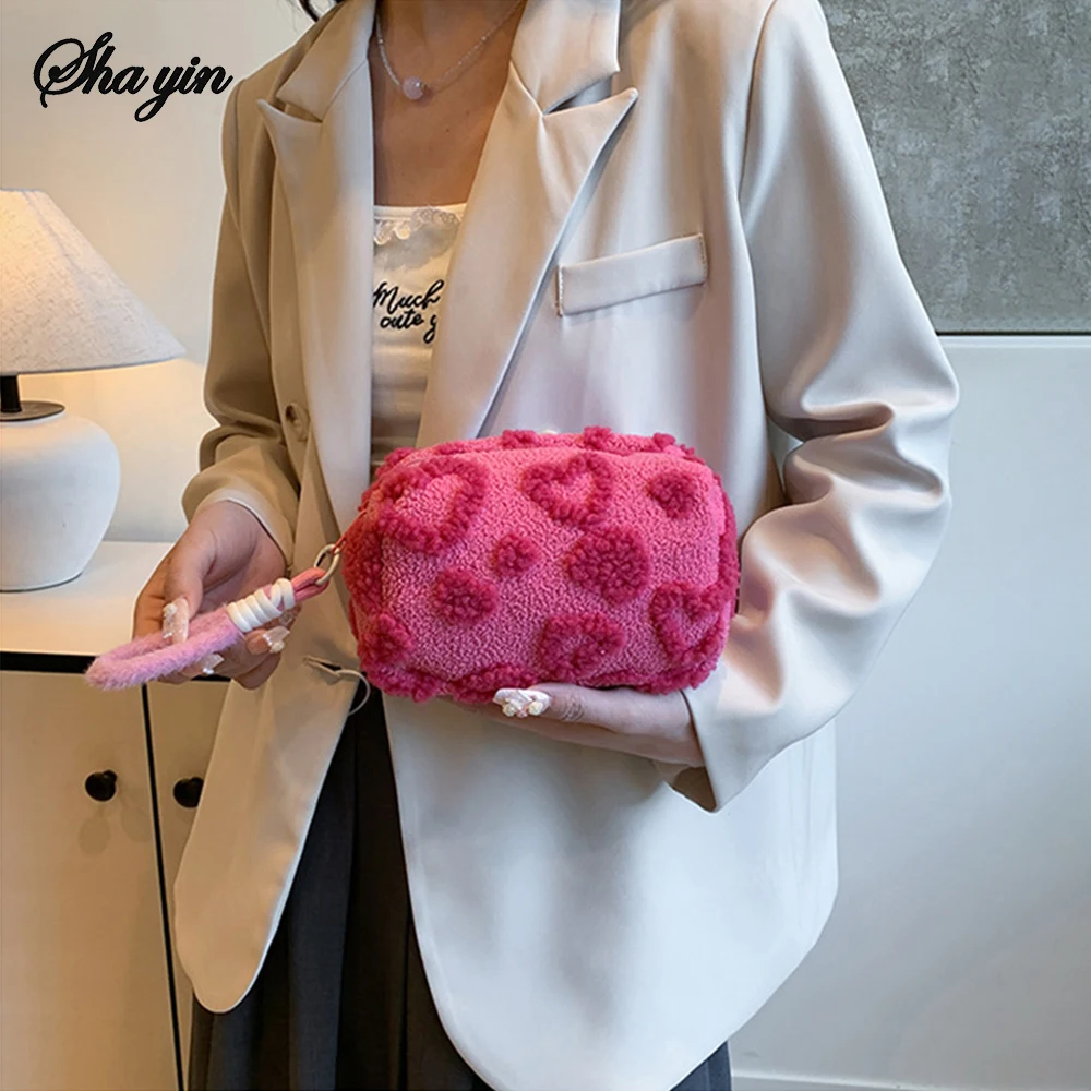 Bolsas de maquillaje de felpa con asa, bolsa de almacenamiento de cosméticos de viaje suave, organizador portátil con estampado romántico, estuche para lápices, bonita bolsa de mano