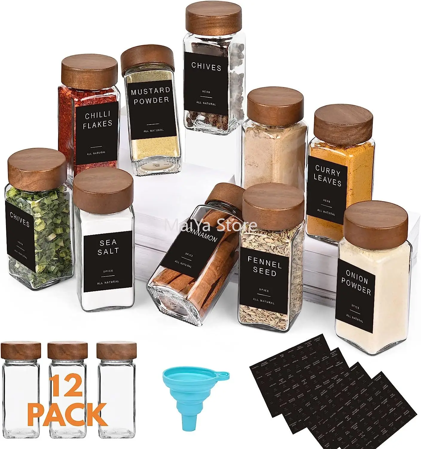 Glass Spice Jars with Labels 4oz Empty Square Spice Bottles with acacia wood lid & Shaker Lids