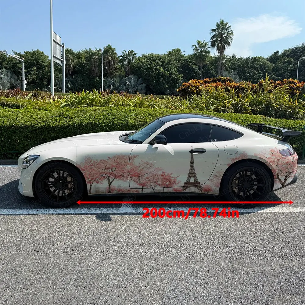 2pcs Cherry Blossom Eiffel Tower, Durable, Fade-resistant, Enhance Vehicle Aesthetics With Bold Artistic Design Car Vinyl Wraps