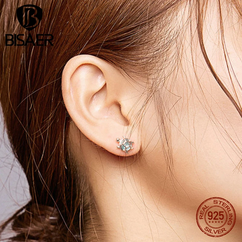 BISAER orecchini in argento Sterling 925 tartaruga marina vetro zircone blu placcato platumidiear per le donne Design originale gioielleria raffinata