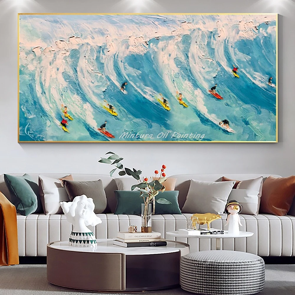 Mintura,Handmade Surfing Oil Paintings on Canvas Modern Home Decoration Knife Seascape Poster Wall Art Picture Living Room Decor