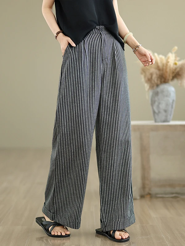 Casual Loose Fit Wide Leg Pants Thin Material Black White Stripes Women's Autumn Outfit Comfortable Relaxed Style Straight Cut