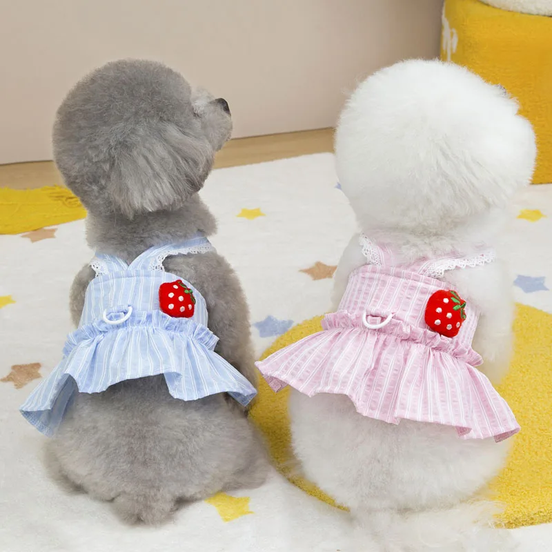 

Pink Blue Dog Clothes Strawberry Pattern Dog Dress Clothing No Pull Harness Vest Girls Tutu Skirt For Small Dogs Chihuahua Yorks