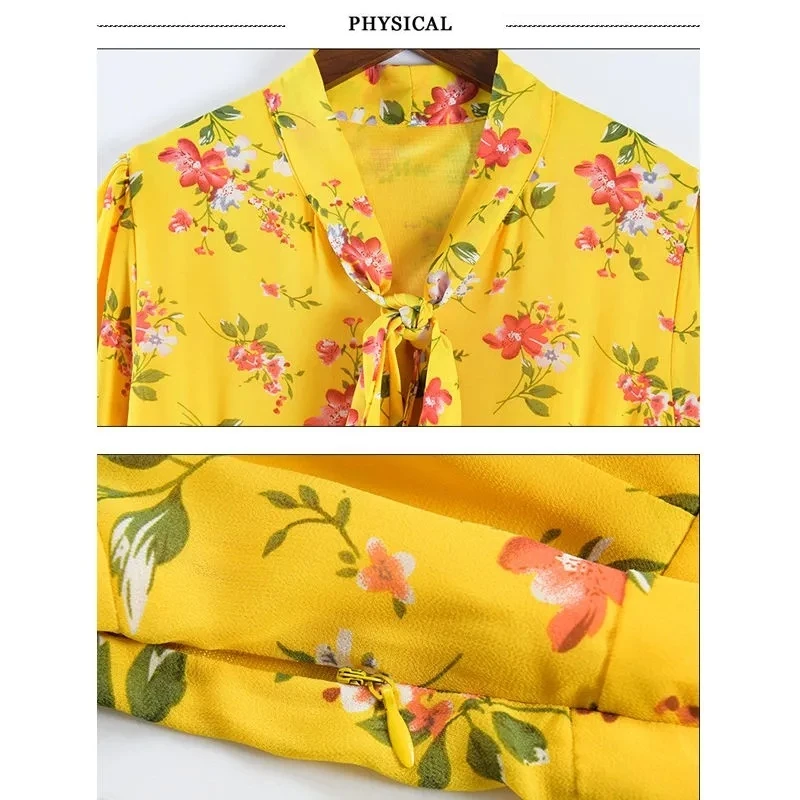 2024 Women Chiffon Casual Dress Yellow Floral Spring Long Sleeve Beach Clothes Red Elegant Fashion Maxi Dresses Vestidos